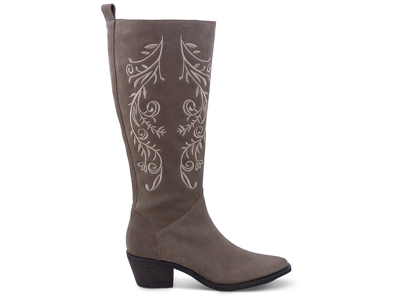 dark taupe suede embroidered tall boot with a block heel - lateral side view
