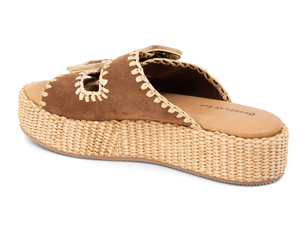 brown suede upper sandal with buckles on a raffia wrapped platform -view from the back