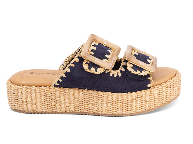 blue suede upper sandal with buckles on a raffia wrapped platform- side view