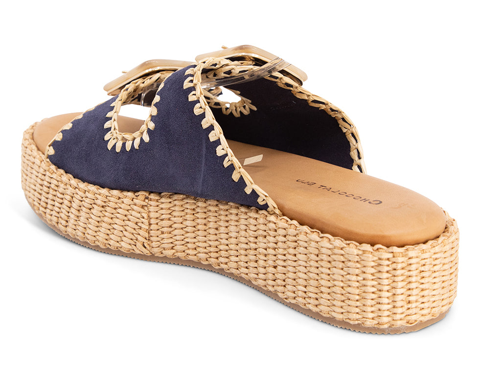 blue suede upper sandal with buckles on a raffia wrapped platform-view from the back