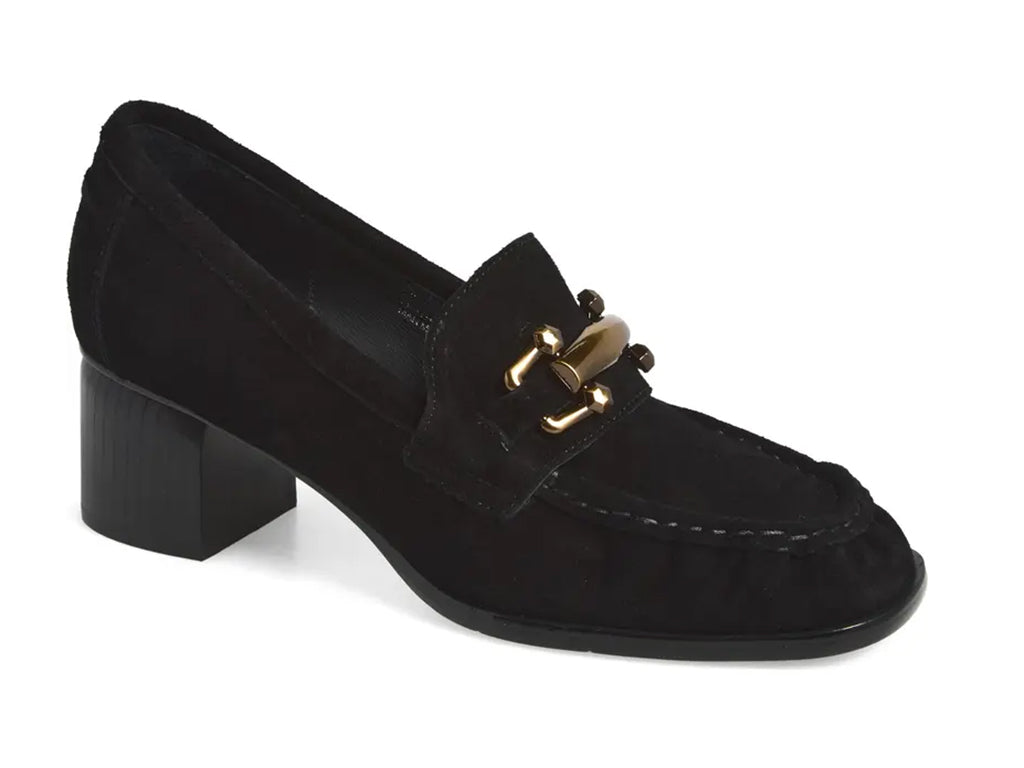 A black suede penny loafer with a block heel and a polished gold-tone horsebit detail across the vamp - front 3/4 view