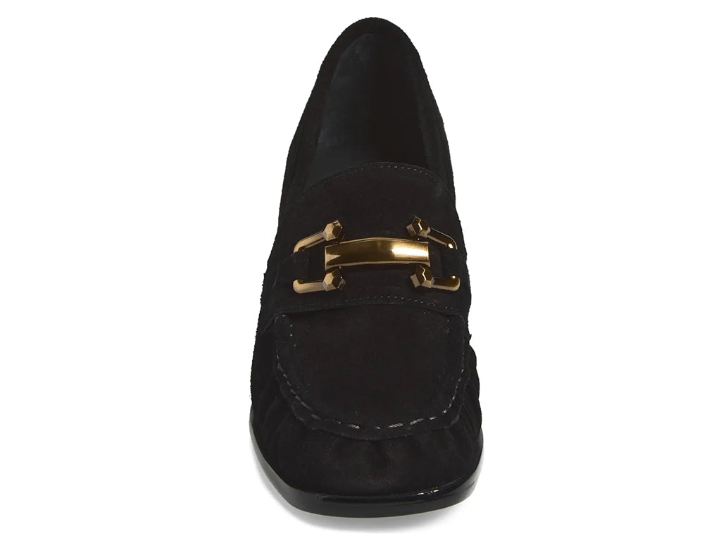 A black suede penny loafer with a block heel and a polished gold-tone horsebit detail across the vamp - front view