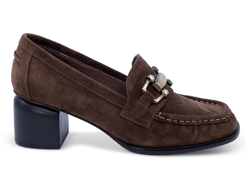 A chocolate suede penny loafer with a block heel and a polished gold-tone horsebit detail across the vamp - outer side view