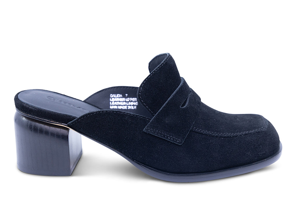 black suede mule with chunky heel - side view