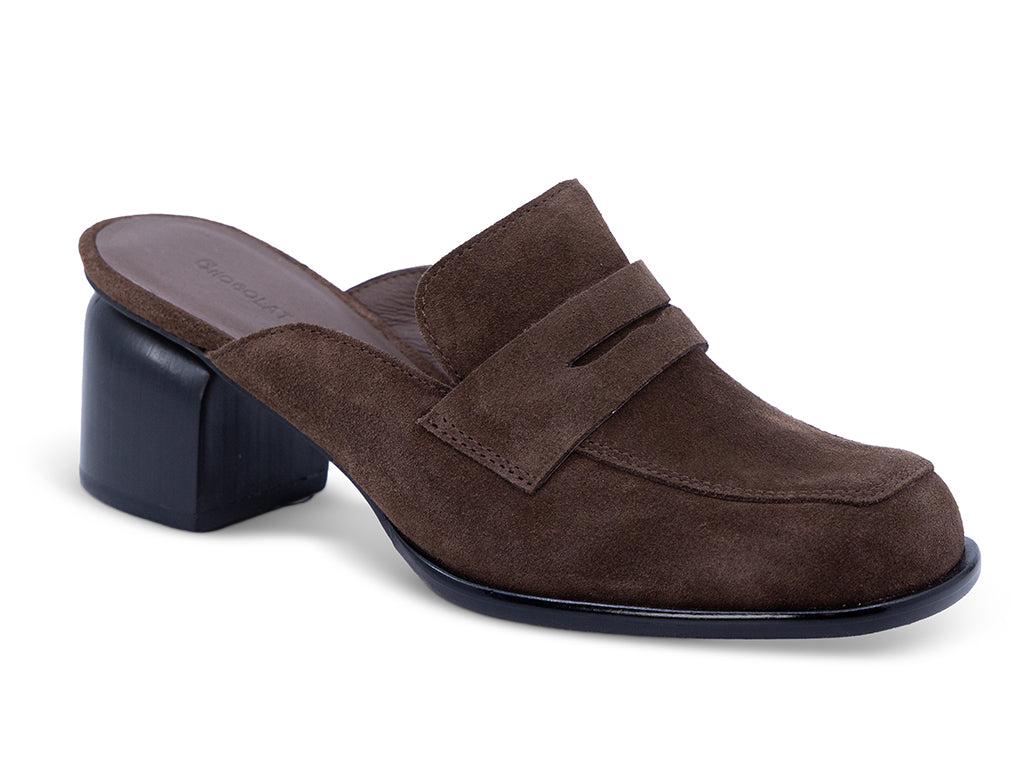 chocolate suede mule with a black heel - front 3/4 view