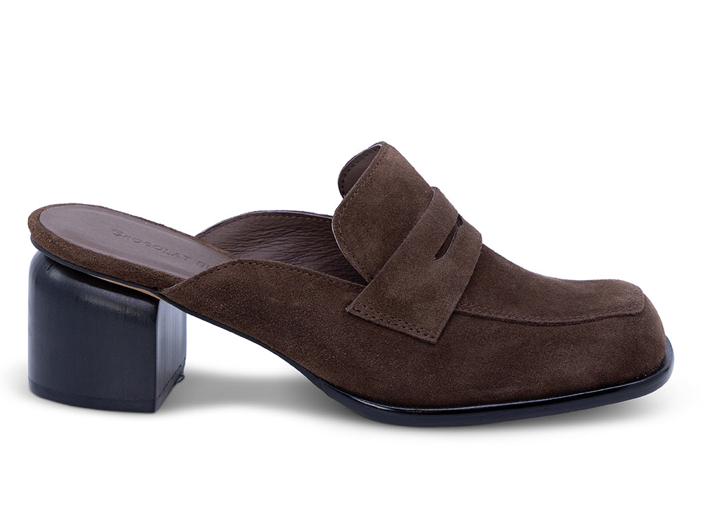 chocolate suede mule with a black heel - outer side view