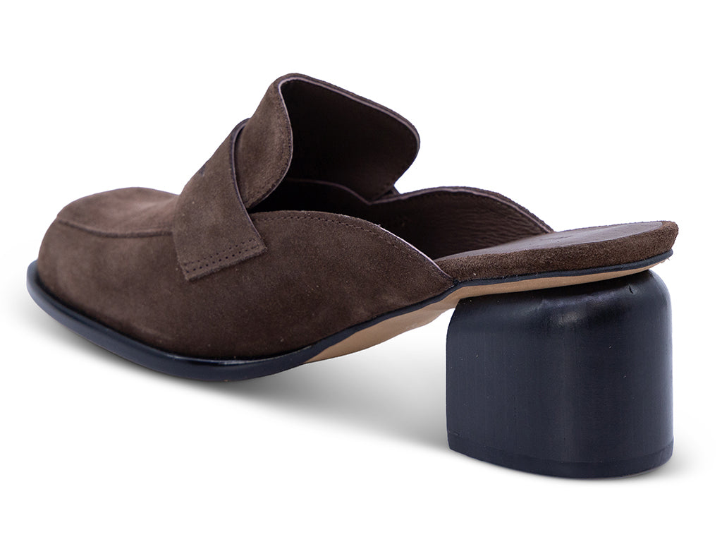 chocolate suede mule with a black heel - inner side view