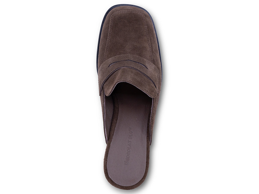 chocolate suede mule with a black heel - top view