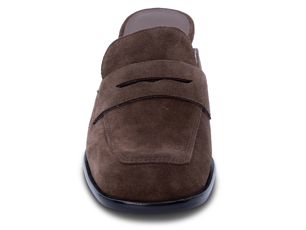 chocolate suede mule with a black heel - front view of the toe shape and the upper