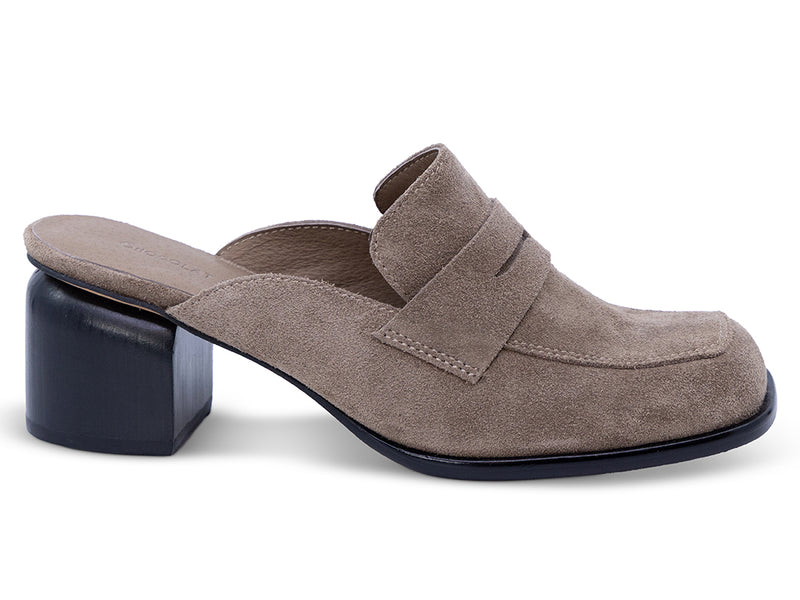 dark taupe suede mule with a black heel - outer side view