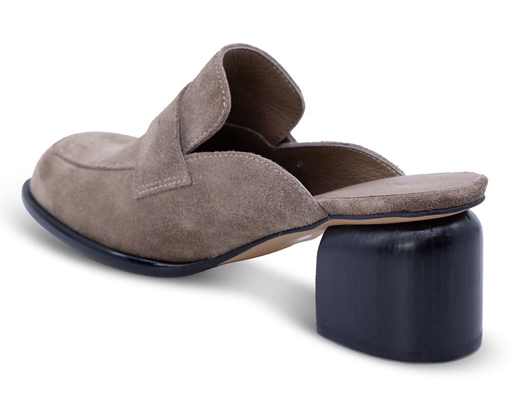 dark taupe suede mule with a black heel - inner side view