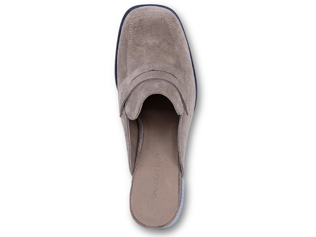 dark taupe suede mule with a black heel - top view