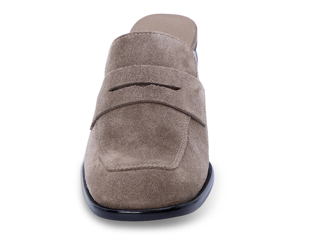 dark taupe suede mule with a black heel - front view of the toe shape and the upper