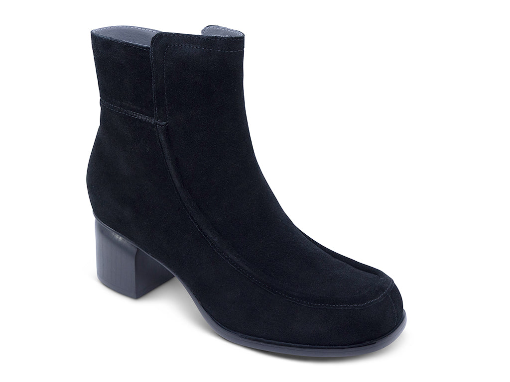a black suede upper ankle bootie with block heel - front 3/4 view