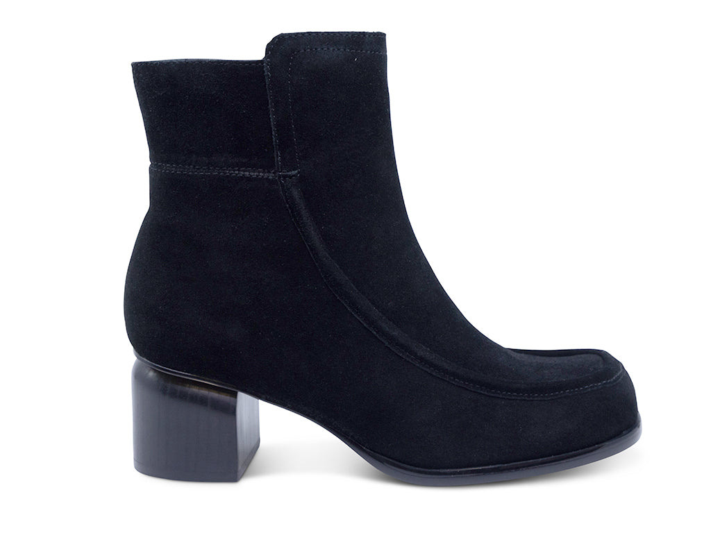 a black suede upper ankle bootie with block heel - outer side view