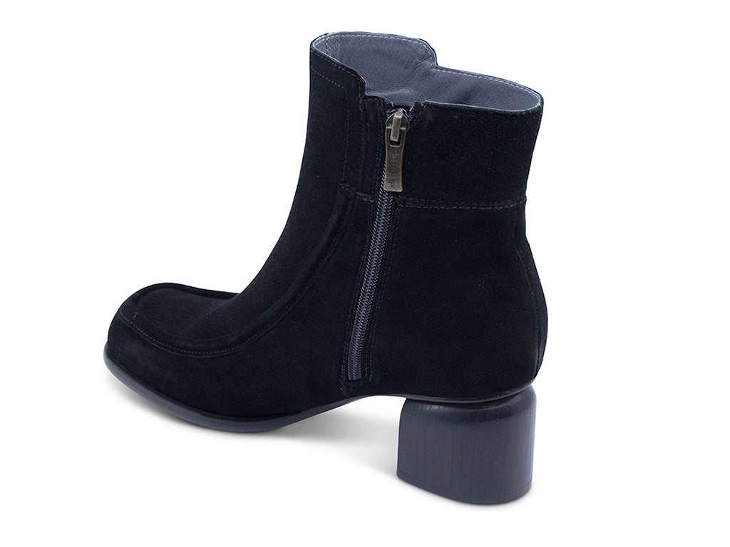 a black suede upper ankle bootie with block heel - inner side view