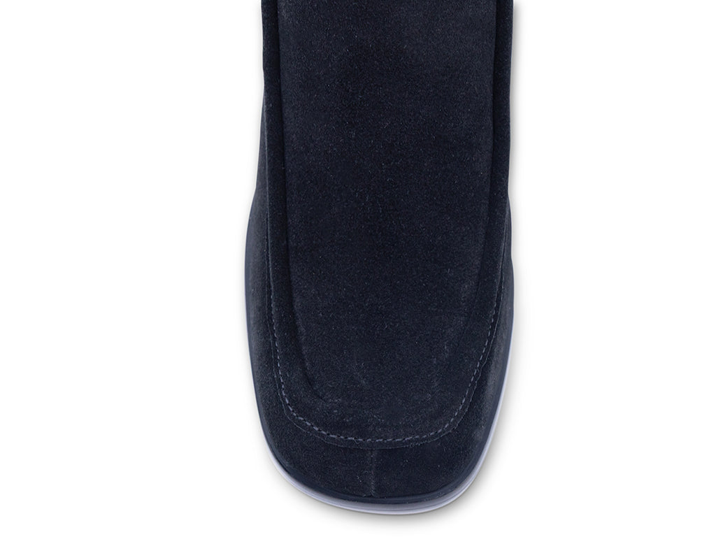 a black suede upper ankle bootie with block heel - top view