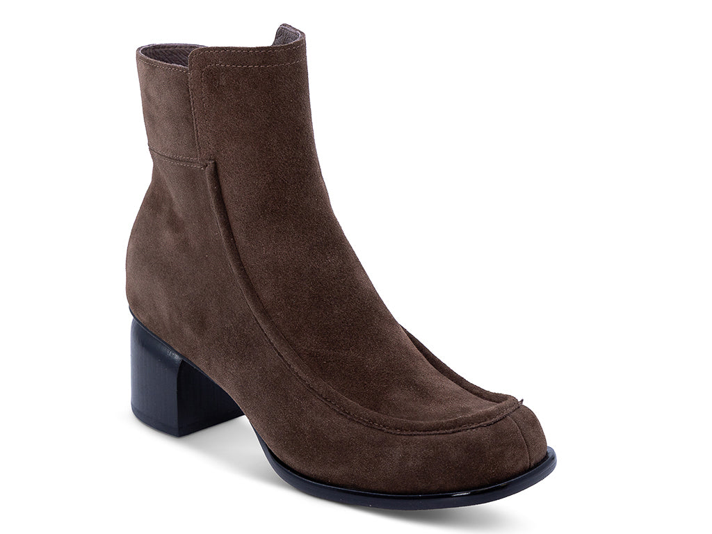 chocolate suede upper ankle bootie with block heel - front 3/4 view