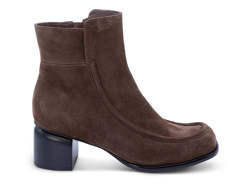 chocolate suede upper ankle bootie with block heel - lateral side view