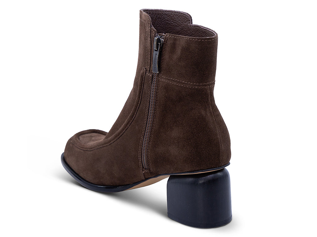 chocolate suede upper ankle bootie with block heel - medial view showing side and zipper