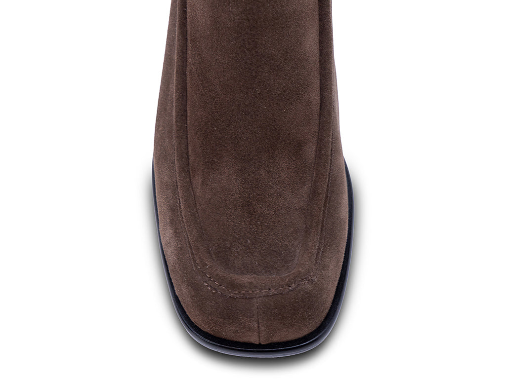 chocolate suede upper ankle bootie with block heel - view of the toe shape