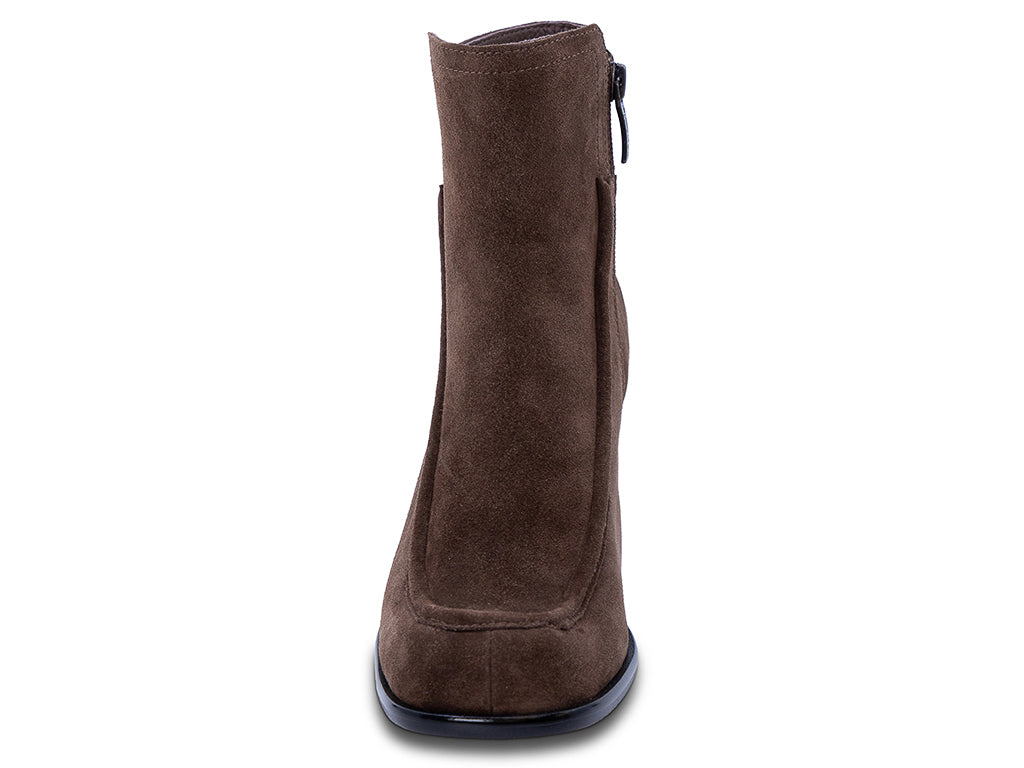 chocolate suede upper ankle bootie with block heel - front view