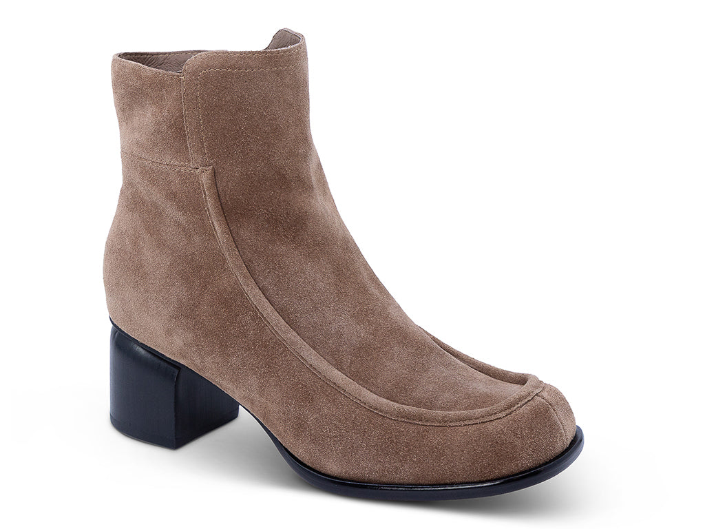 a toffee suede upper ankle bootie with block heel - front 3/4 view