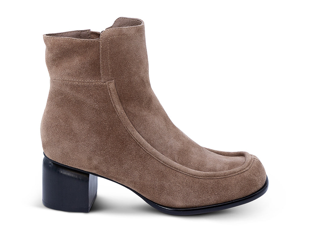 a toffee suede upper ankle bootie with block heel - lateral side view