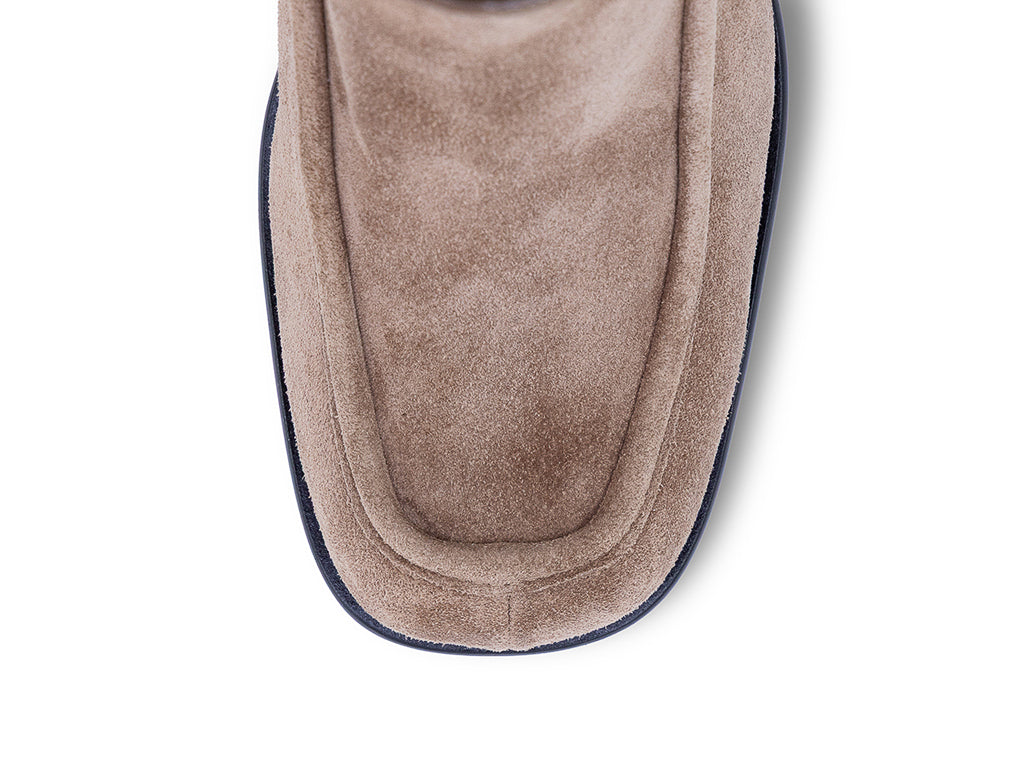a toffee suede upper ankle bootie with block heel -view of the toe shape