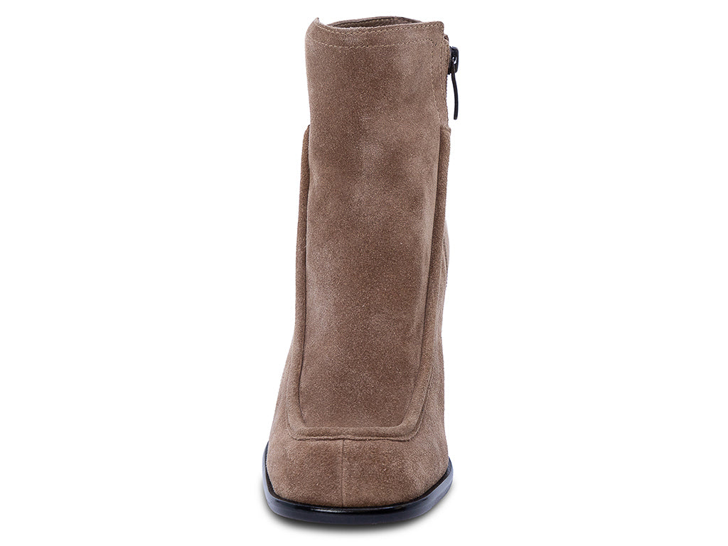 a toffee suede upper ankle bootie with block heel - front view