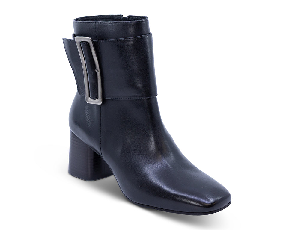 A black leather ankle boot with a square toe, a block heel, and a wide strap with a rectangular buckle - front 3/4 view