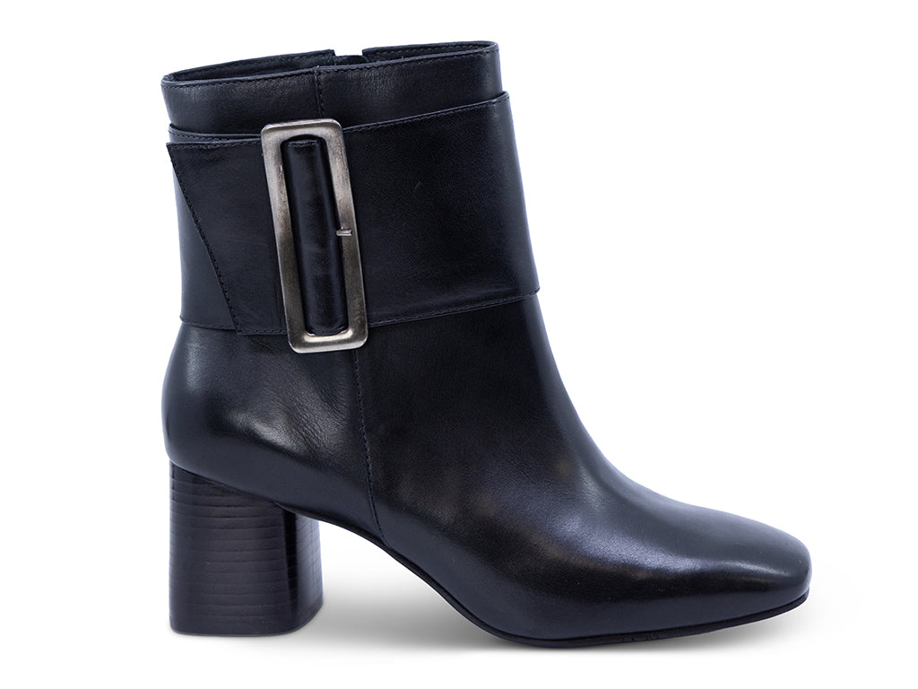 A black leather ankle boot with a square toe, a block heel, and a wide strap with a rectangular buckle - outer side view