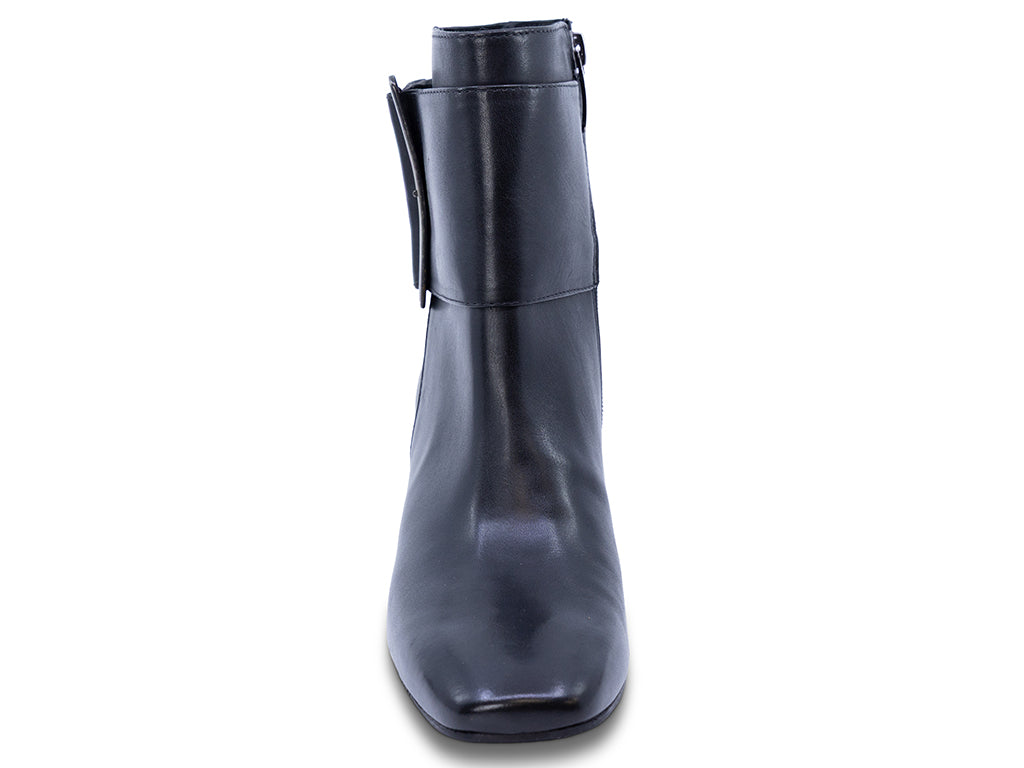 A black leather ankle boot with a square toe, a block heel, and a wide strap with a rectangular buckle - front view