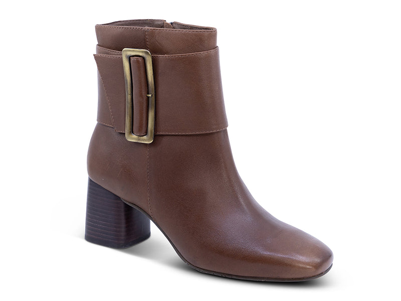 A brown leather ankle boot with a square toe, a block heel, and a wide strap with a rectangular buckle - front 3/4 view