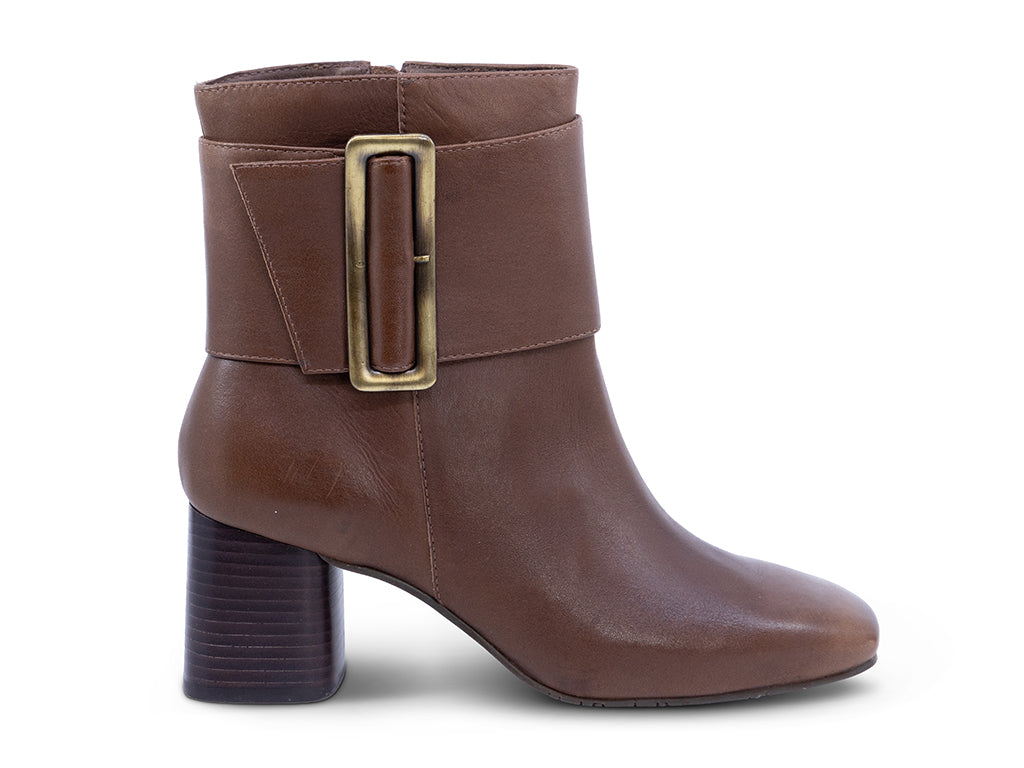 A brown leather ankle boot with a square toe, a block heel, and a wide strap with a rectangular buckle - outer side view