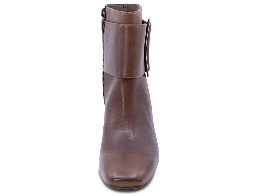 A brown leather ankle boot with a square toe, a block heel, and a wide strap with a rectangular buckle - front view