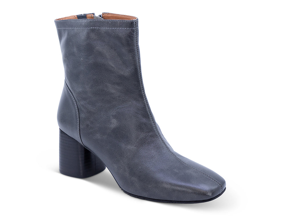 distressed black leather ankle boot with block heel - front 3/4 view