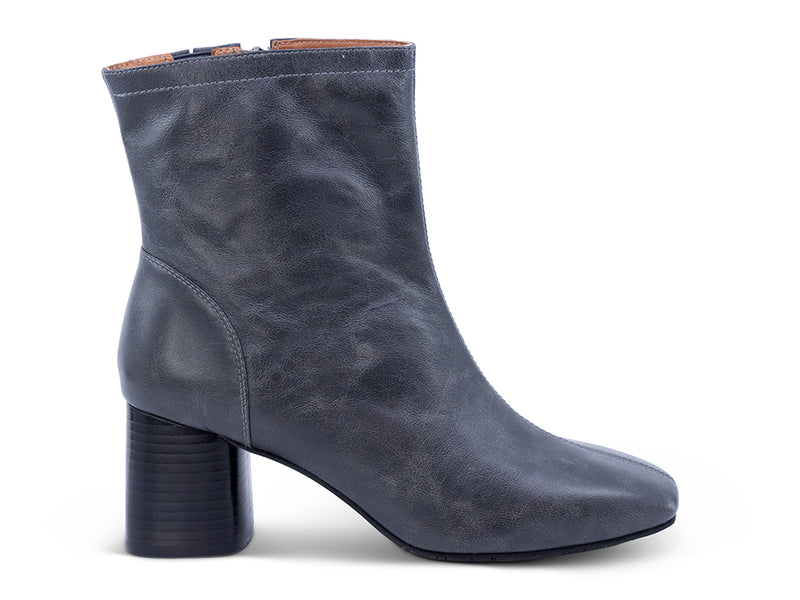 distressed black leather ankle boot with block heel - outer side view