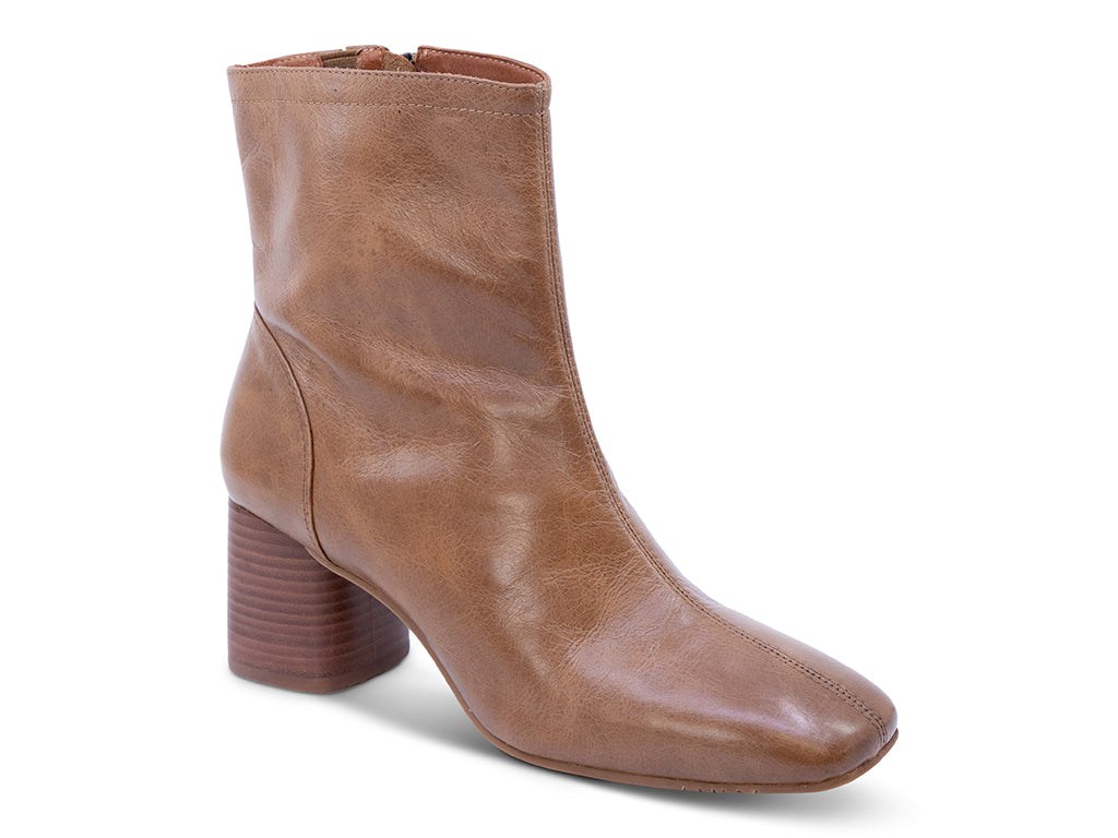 distressed brown leather ankle boot with block heel - front 3/4 view