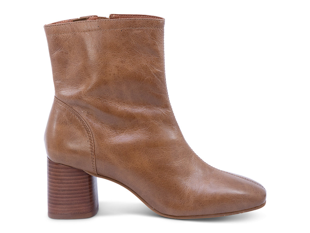 distressed brown leather ankle boot with block heel - outer side view
