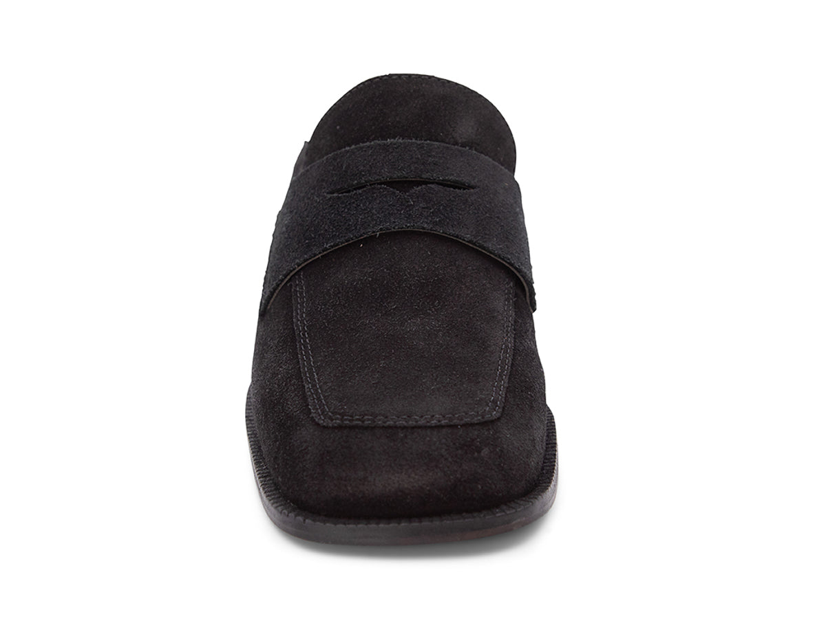 Black suede slide shoe with a block heel and penny loafer design on a white background front view