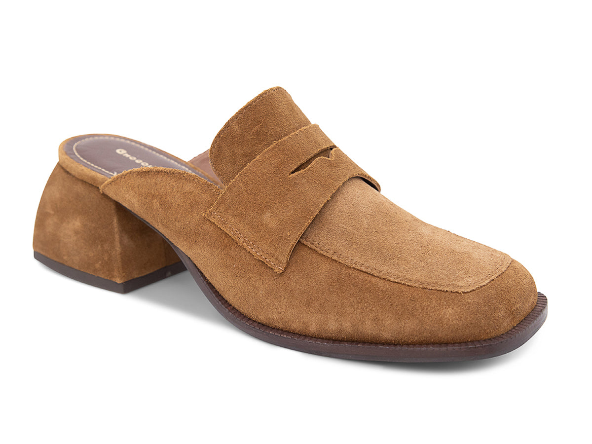 Camel suede slide shoe with a block heel and penny loafer design on a white background side angle view