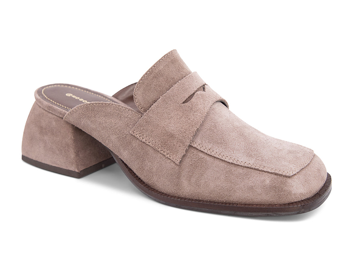 Fog (light grey) suede slide shoe with a block heel and penny loafer design on a white background side angle view