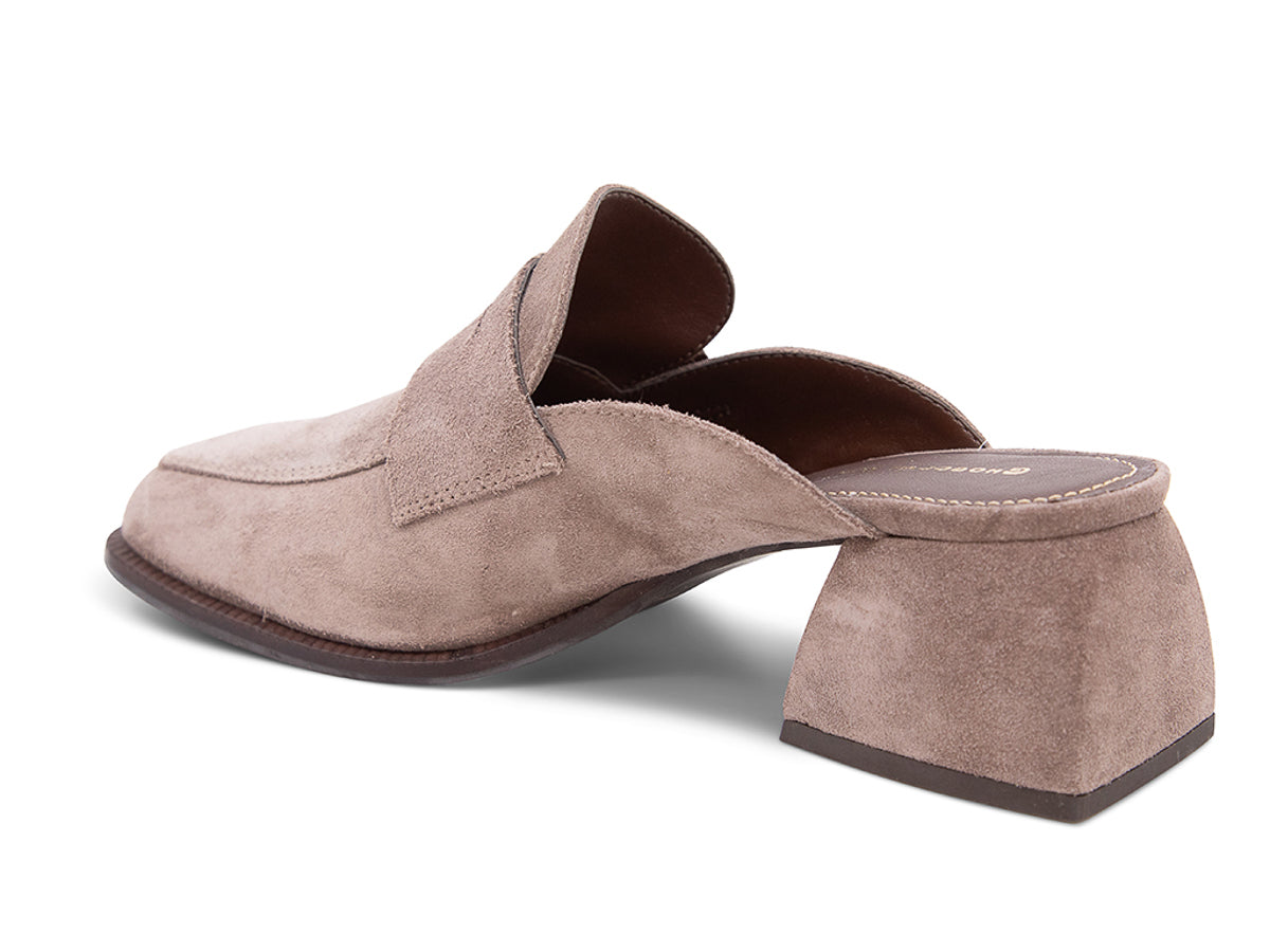 Fog (light grey) suede slide shoe with a block heel and penny loafer design on a white background side angle view