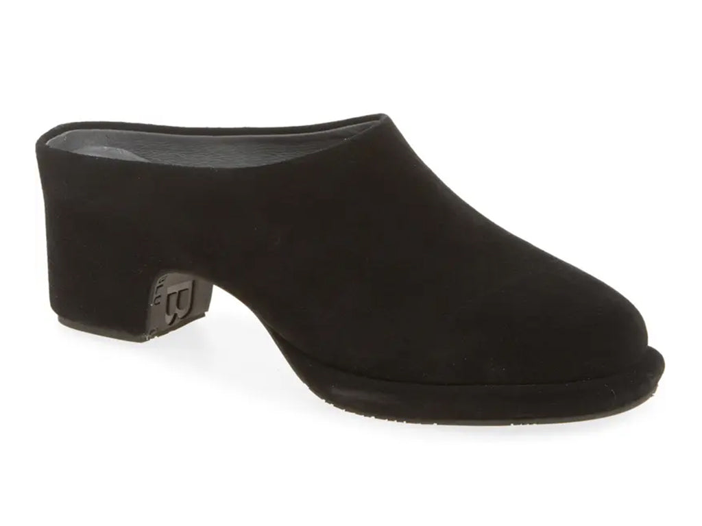 black suede mule with a block heel and a platform sole - 3/4 front view
