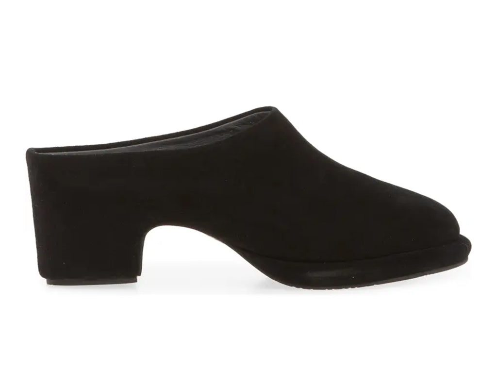 black suede mule with a block heel and a platform sole - outer side view