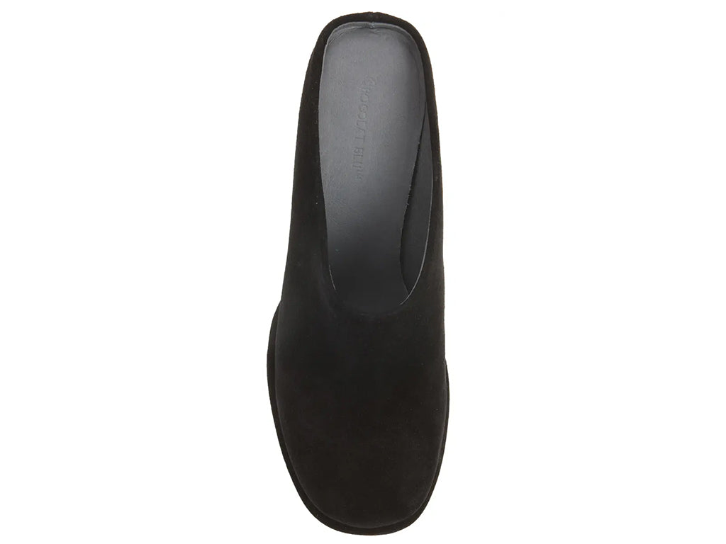 black suede mule with a block heel and a platform sole - top view