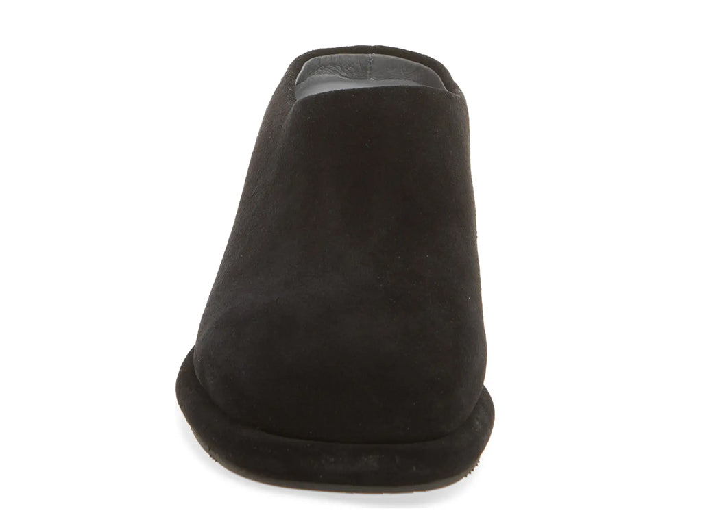 black suede mule with a block heel and a platform sole - front view