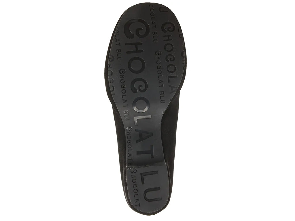 black suede mule with a block heel and a platform sole - outsole view
