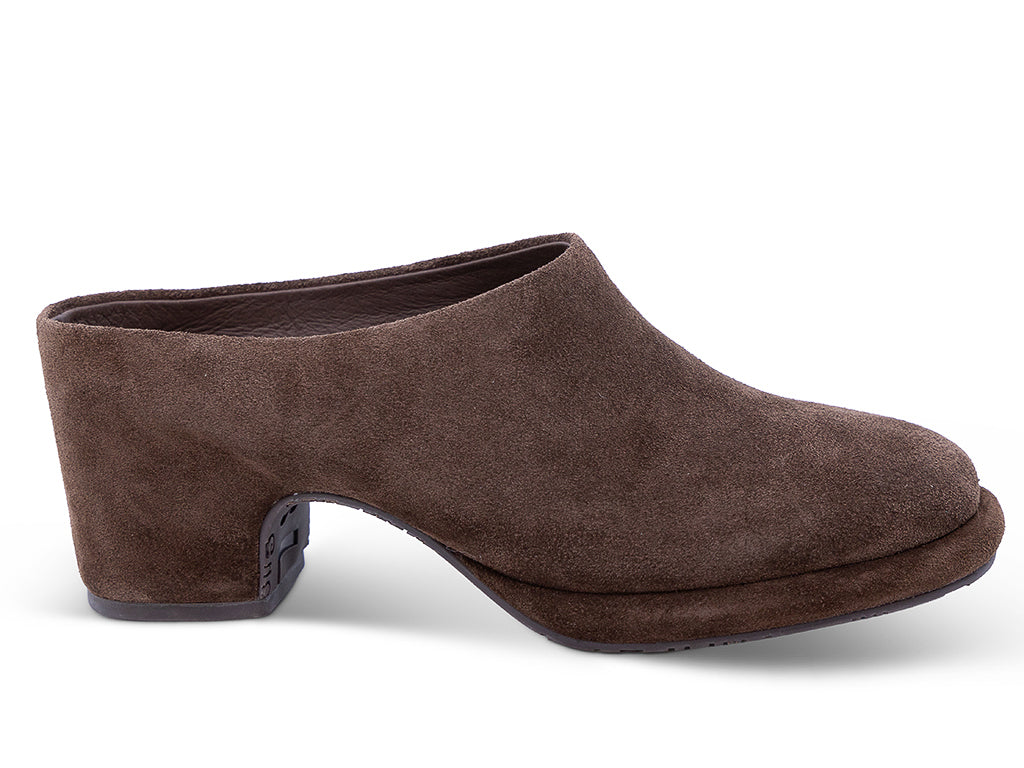chocolate suede mule with a block heel and a platform sole - outer side view